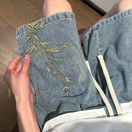 2025 Mens New Chinese Style Denim Shorts Summer Bamboo Embroidery Casual Five Inch Shorts Couple Streetwear Vintage Loose Fit Hi