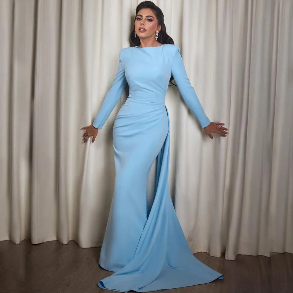 Sky Blue Jersey Evening Dress Simple Scoop Neck Long Sleeves Mermaid Floor Length Women Pleat Customized Gowns