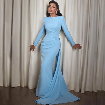 Sky Blue Jersey Evening Dress Simple Scoop Neck Long Sleeves Mermaid Floor Length Women Pleat Customized Gowns