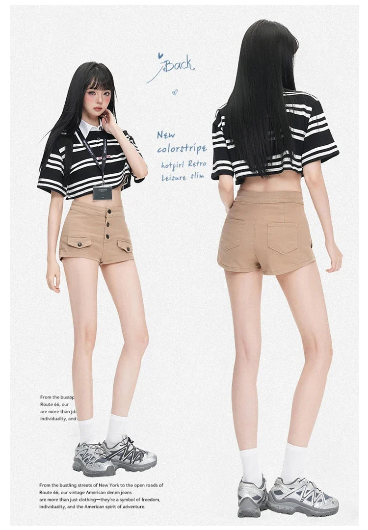 Pure Desire Slim Hip Hugging Hot Pants Old Money Style Hip Enhancing Multi Button High Waist Tight Summer New Denim Shorts