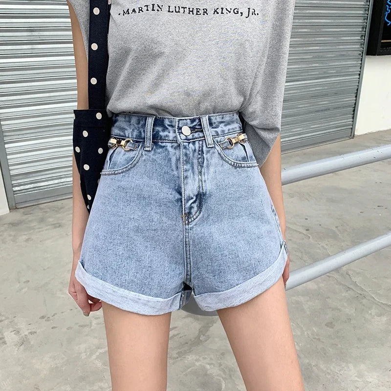 Summer 2024 Denim Shorts Women High Waisted Wide Leg Loose Crimping Blue Jeans Sequined Jean Shorts Female