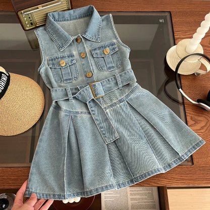 Summer New Girls Denim Dress Belt Decoration Lapel Collar Sleeveless Tutu Princess Dress For 2 -10 Years Kids Fashion Dress