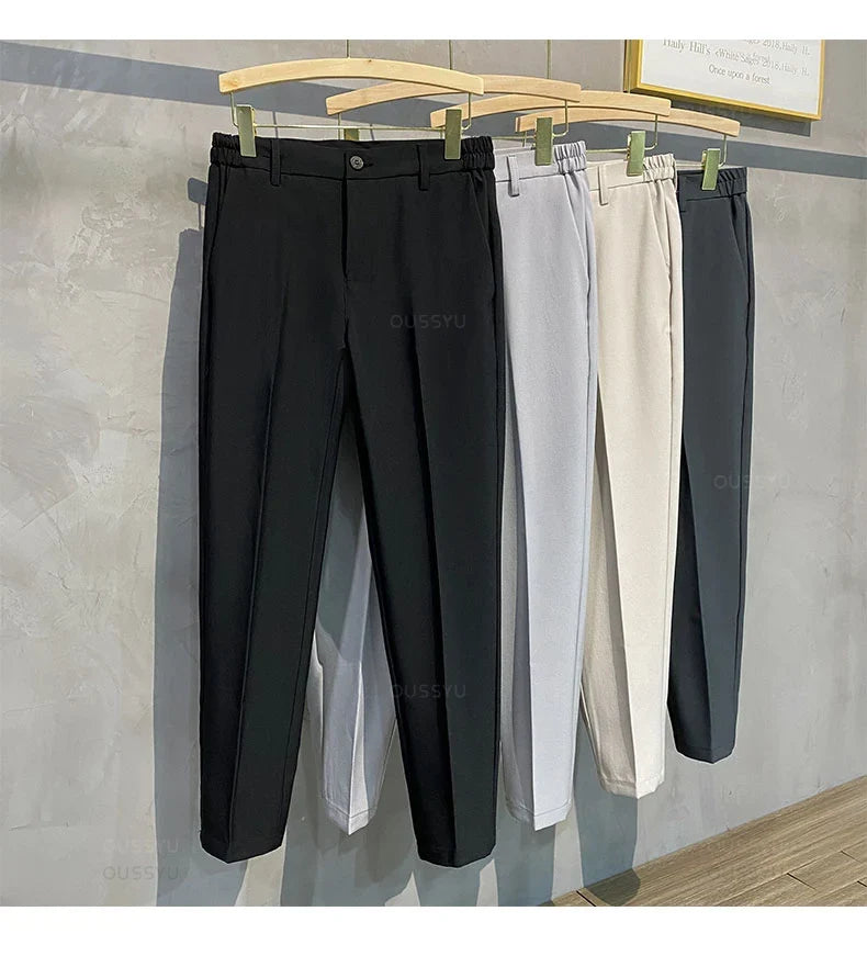 Summer Men's Casual Pants Suit Pant Slim Fit Work Elastic Waist Thin Jogging Business Trousers Male Black Grey Plus Size 40