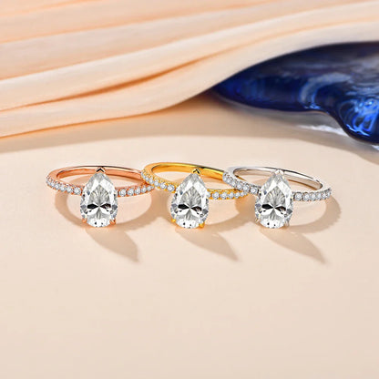 New D Color Moissanite Rings Pear Cut 3.0ct S925 Sterling Silver Classic Wedding Engagement Ring for Women Fine Jewelry