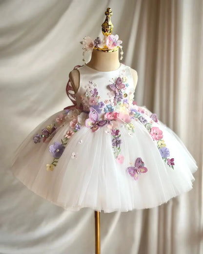 Customized White Floral Girls Birthday Dresses Kids Wear  White Flower Girl Dresses for Wedding Toddle First Communion Dress