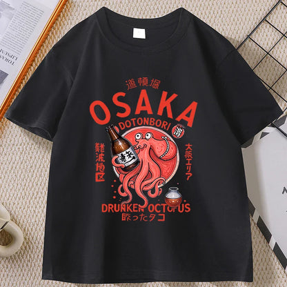 Japanese Style T-shirt drunken octopus Osaka Tshirt Seafood Men Women Graphic Tee Cotton Printed Short Sleeve T Shirt Streetwear