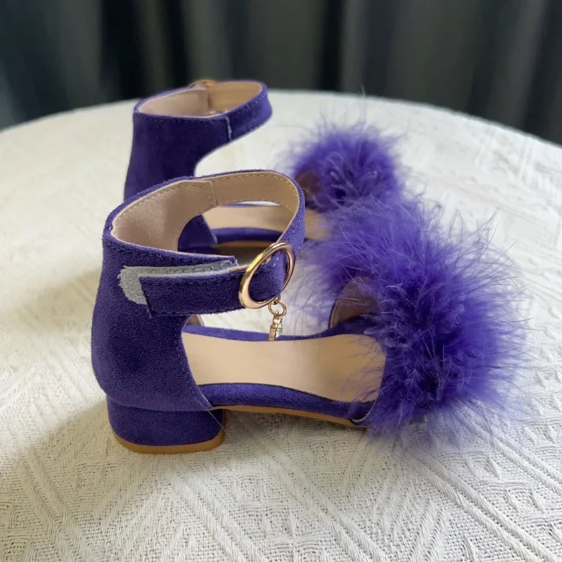 Toddler Girls Sandals Summer Low-heels Children's Sandals Open-toe Princess Fluffy New Versatile Kids Fashion Ankle-strap Shoes