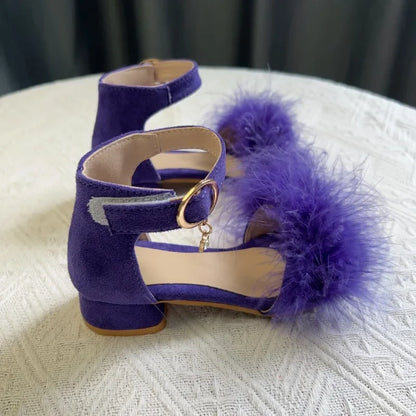 Toddler Girls Sandals Summer Low-heels Children's Sandals Open-toe Princess Fluffy New Versatile Kids Fashion Ankle-strap Shoes