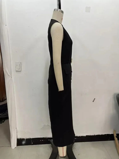 Female Summer Elegant Midi Dress O-Neck Hem Slit With Belt Sleeveless Single Breasted Back Zipper Fashion Long Dress
