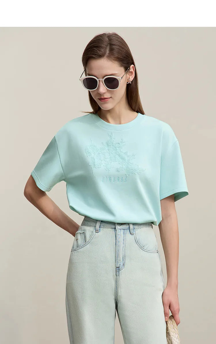 Women's T-Shirt 2026 Summer New Round Neck Drop Shoulder Cotton Tee Lace Embroidered Woman Loose Fit knit Tops 12622048