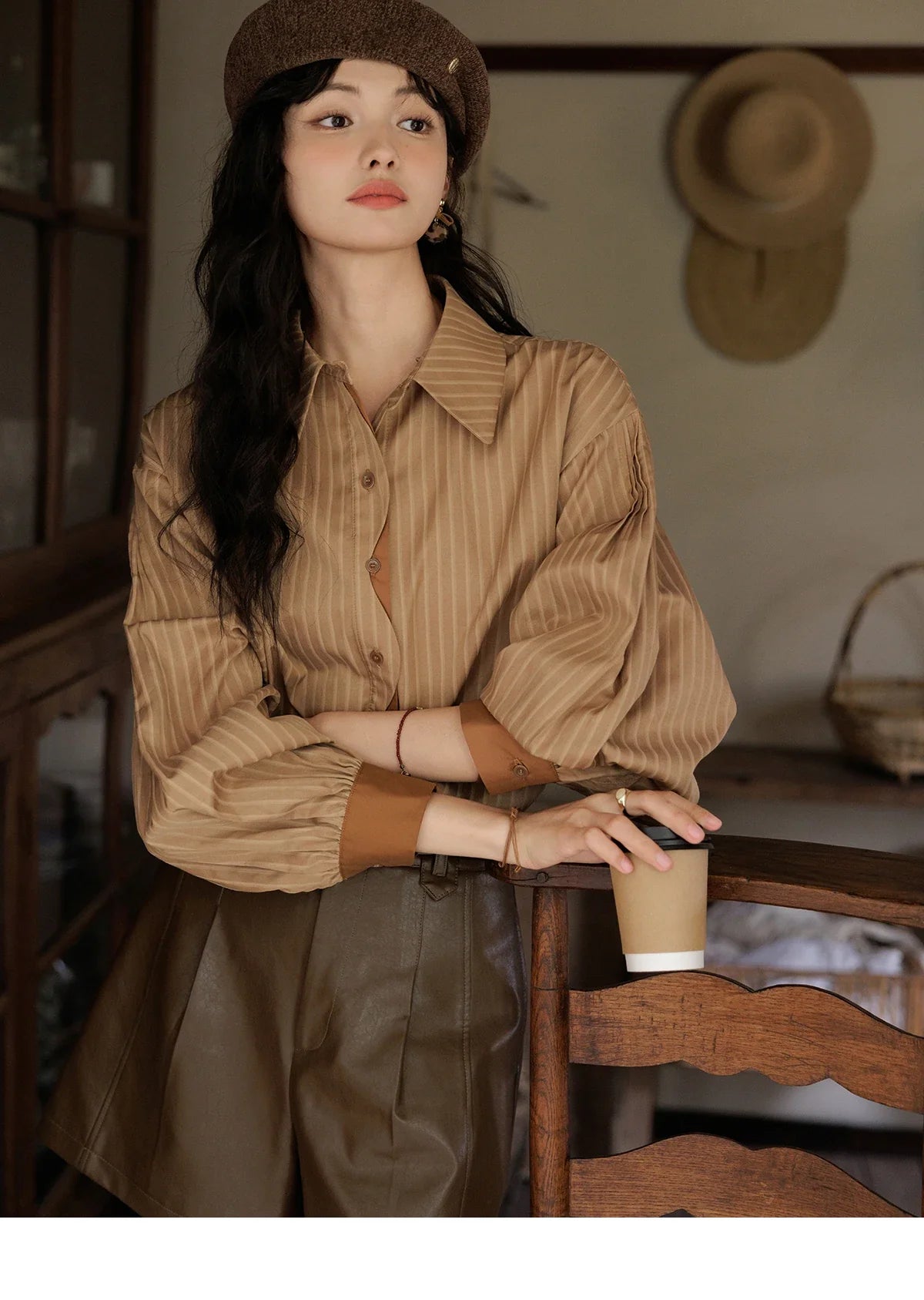 Striped Casual Shirt for Women 2024 Autumn Retro Lapel Long Sleeve Top Contrasting Cuffs Shirts Office Lady MXD42C0301