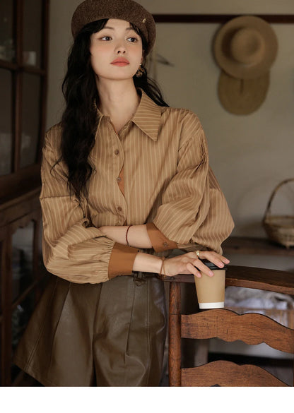Striped Casual Shirt for Women 2024 Autumn Retro Lapel Long Sleeve Top Contrasting Cuffs Shirts Office Lady MXD42C0301