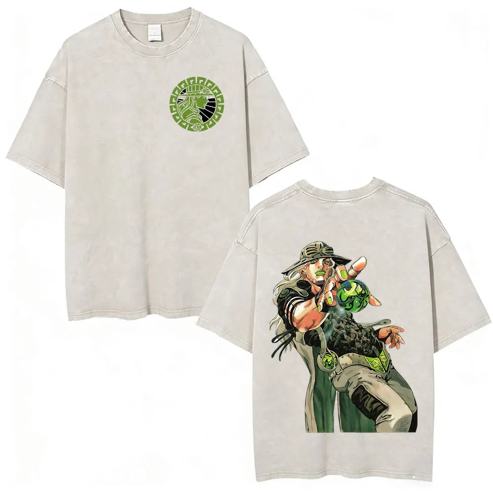 Anime Jojo Bizarre Adventure STEEL BALL RUN Manga Vintage Acid Washed T Shirt Men Women Casual Short Sleeves T-shirt Streetwear