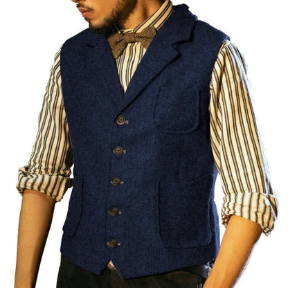 Men Vest Blue Herringbone Single Button With Lapel Pocket Waistcoat For Banquet Business Office Work Casual Daily Men Suit Vest