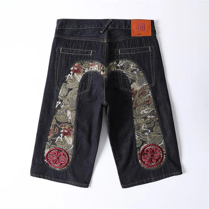 Men Embroidery Denim Shorts Black Hiphop Jeans Pants Cherry Blossom Dragon Totem Washed Zipper Cotton Summer cherry blossoms 024