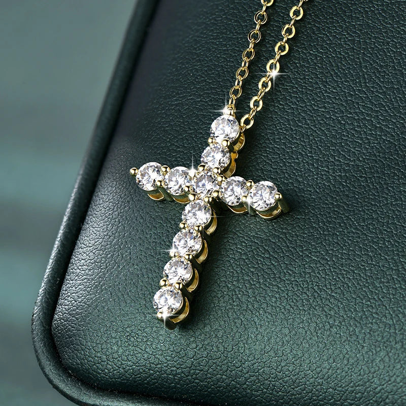 14K Gold Filled Cross Pendant Necklace Certified 3.5MM Full Moissanite Necklaces for Women Lab Diamond Vintage Jewelry