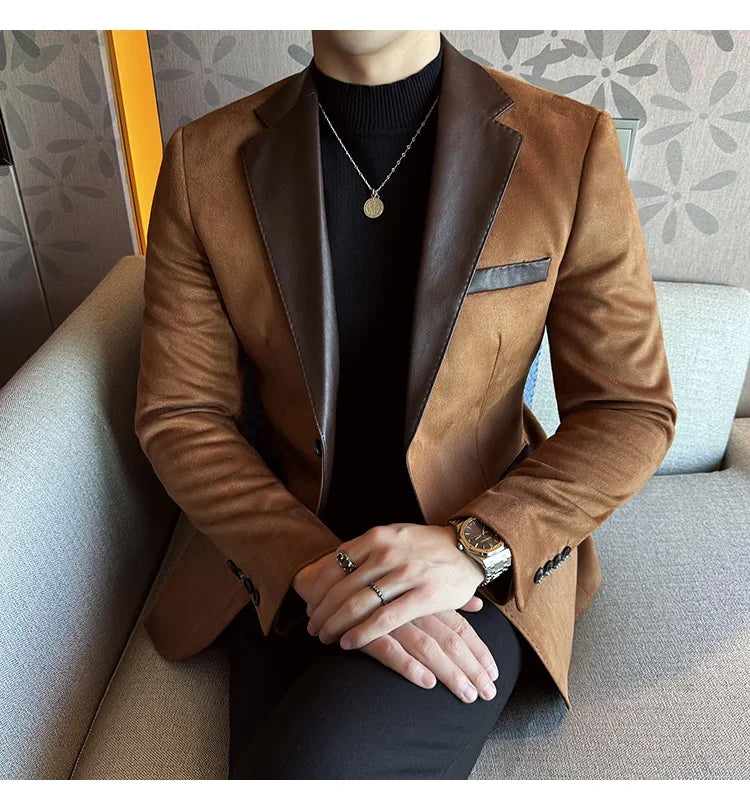 High Quality Deerskin Velvet Splicing Leather Collar Suit Blazers Men Casual Business Slim Coats Mens Social Wedding Clothing