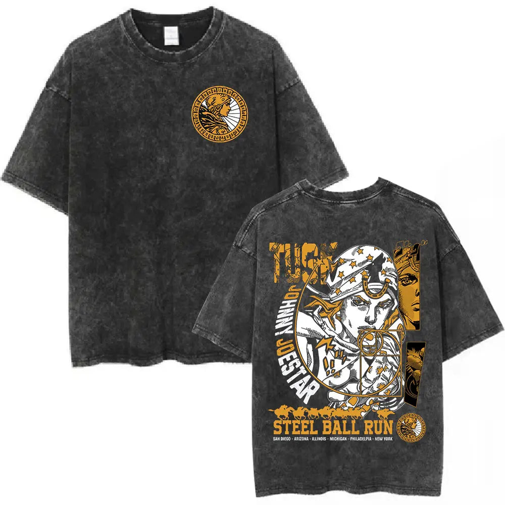 Anime Jojo Bizarre Adventure Washed T-shirt STEEL BALL RUN Diego Brando Manga T-shirts Men Women Cotton Casual Oversized T shirt