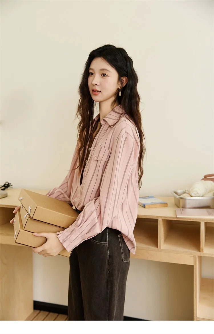 Peach Skin Velvet Stripe Shirt for Women Autumn 2025 Double Layered Collar Contrasting Color Shirt Commute Top MXE47C2408