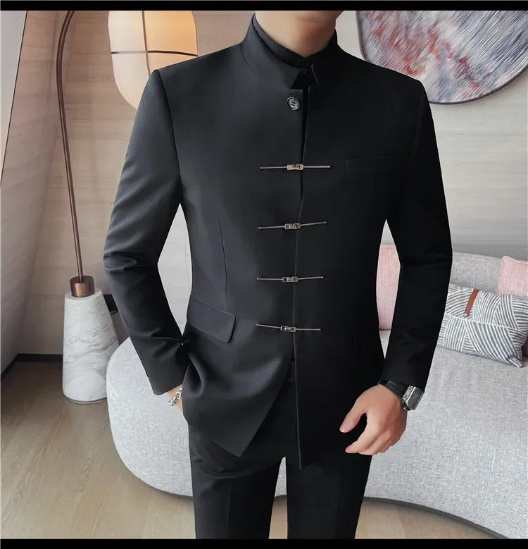 Chinese Style Stand Up Collar Suit Jacket for Men High Quality Mens Slim Fit Casual Social Wedding Dress Coat Men's Clothing