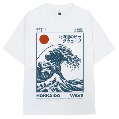 Japanese Style Hokkaido Wave Vintage T-shirt Men Women Harajuku Fashion High Quality T Shirts Oversized Cotton Summer Tee Shirt