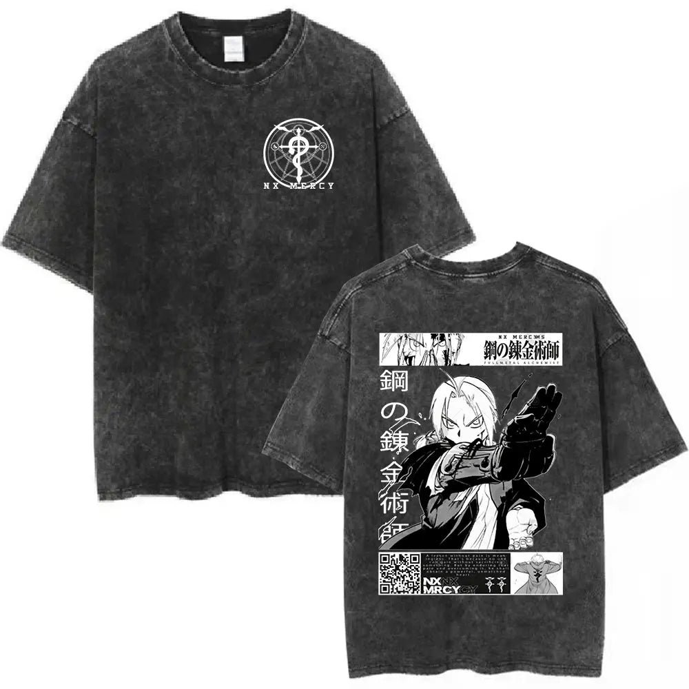 Anime Fullmetal Alchemist Washed T Shirts Edward Elric Alphonse Elric T-Shirt Men's Women Fashion Casual Oversized T-shirts Tops