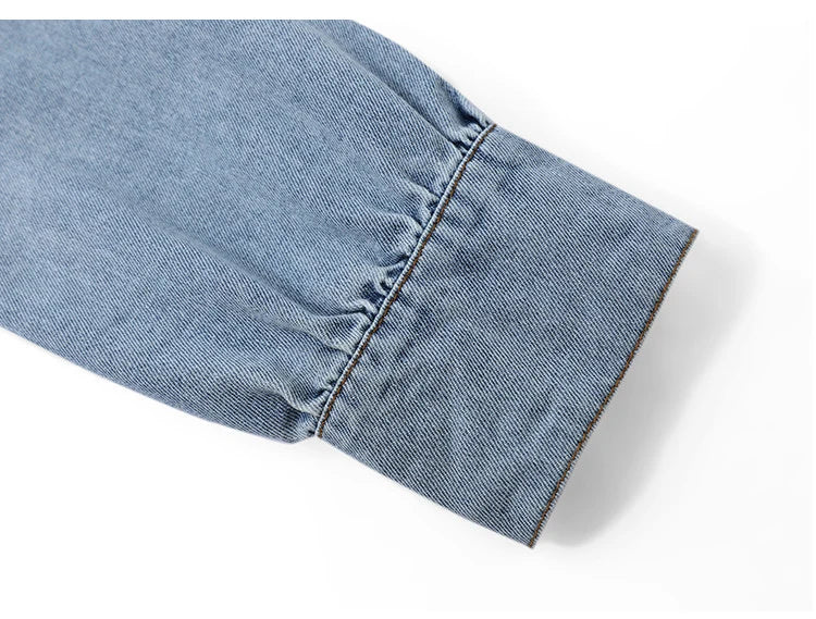 2025 Spring Autumn Palace Style Ruffled Denim Blouse Small Stand Collar Oblique Placket Long Sleeve Shirt for Women