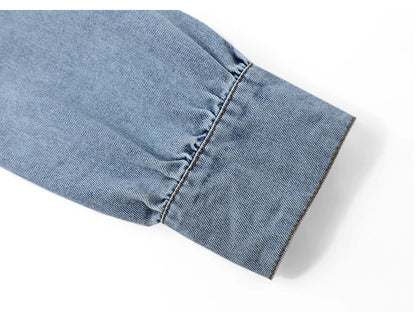 2025 Spring Autumn Palace Style Ruffled Denim Blouse Small Stand Collar Oblique Placket Long Sleeve Shirt for Women