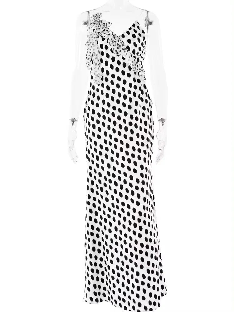 Sexy Backless  Print Dots Flower Women Maxi Dress Spaghetti Strap Evening Dress Autumn Skinny Elegant Party Clubwear