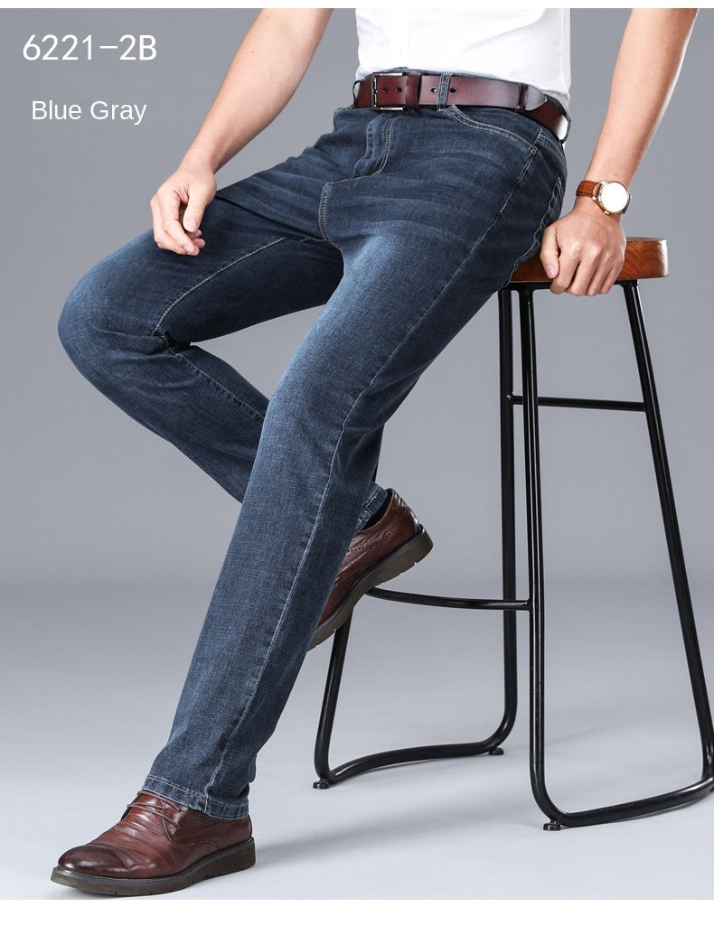 2024 Brand Thin or Thick Material Straight Cotton Stretch Denim Men's  Business Casual High Waist Light Grey Blue Jeans