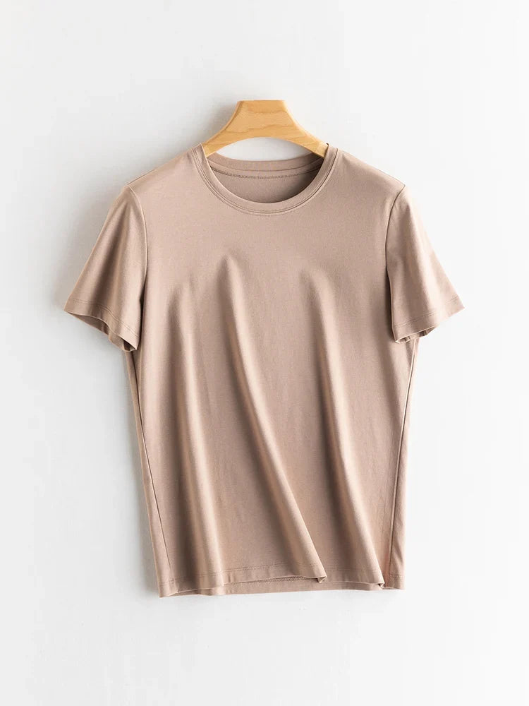 Women Solid T shirts, Silk Cotton Blend, O Neck, Short Sleeved Solid Tee,2025 Summer Candy Colors Basic Cozy Top Green