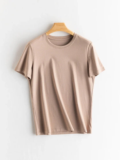Women Solid T shirts, Silk Cotton Blend, O Neck, Short Sleeved Solid Tee,2025 Summer Candy Colors Basic Cozy Top Green
