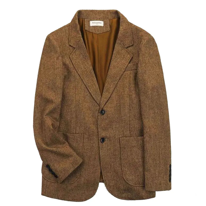 Retro British Tweed Men's Woolen Outwear Brown Wool Tweed Suit Herringbone Pattern Autumn and Winter Slim Fit Suit