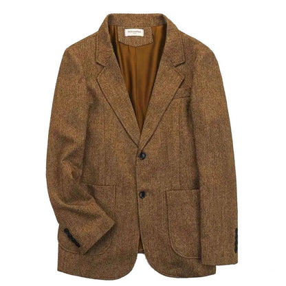 Retro British Tweed Men's Woolen Outwear Brown Wool Tweed Suit Herringbone Pattern Autumn and Winter Slim Fit Suit