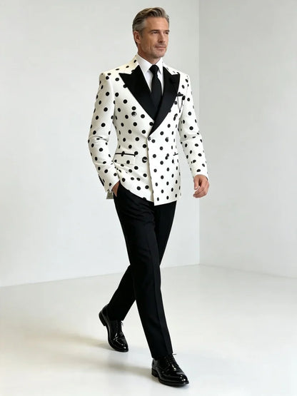 Men's Slim Fit White Black Polka Dot Double Breasted Blazer Satin Peak Lapel Suit Jacket For Formal Business Groom Wedding Party