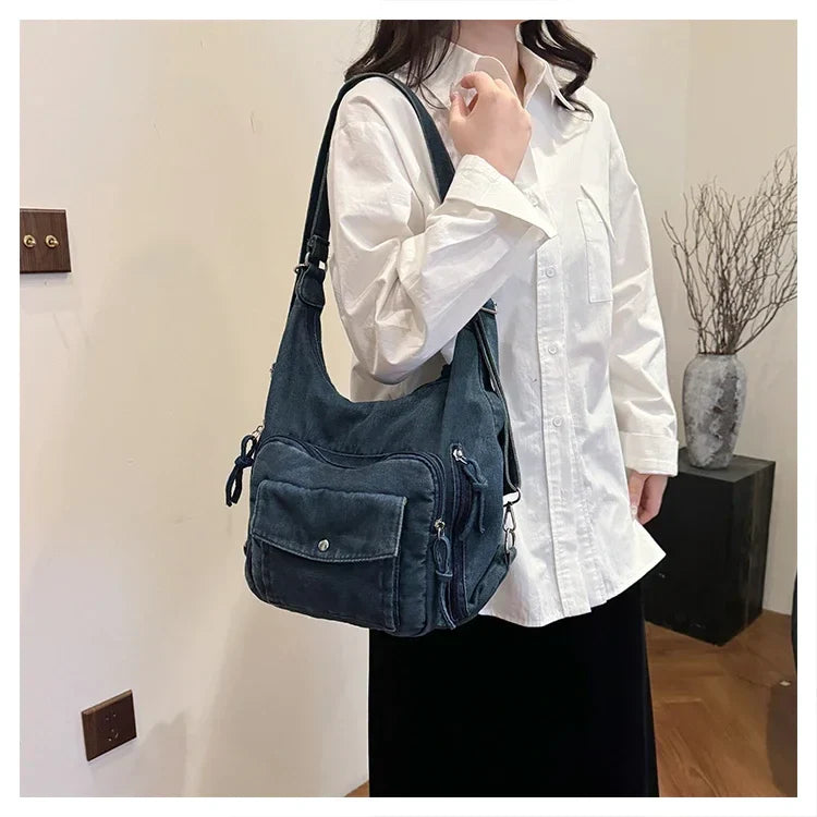 Solid Color Denim Trendy Shoulder Bag for 2025 High Quality Fashion Zipper Large Capacity Versatile Women's Crossbody Bag