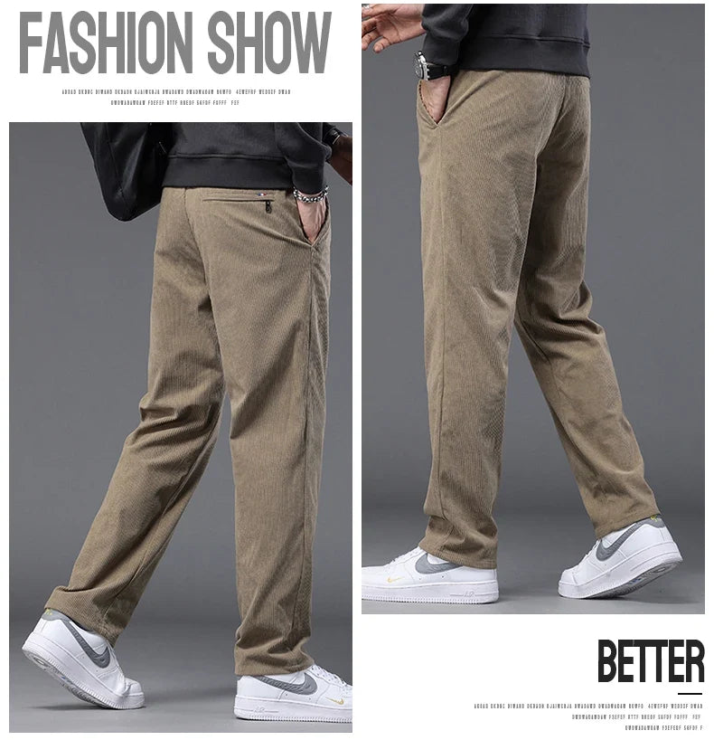 Straight Corduroy Classic Male Pants Khaki Black Gray Baggy Fashion Elastic Waist Trousers Soft Stretchy Casual Men's Clothing