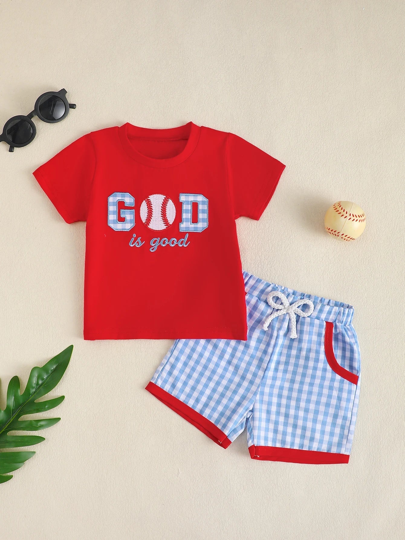 Infant Boys' Casual Round Neck Short Sleeve Set with Baseball Pattern Embroidery And Letters Toddler Boy's Comfortable Clothing