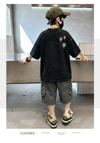 Fashion Boys Summer Outfit T-shirt Shorts Sports Set Children Top and Bottom Tracksuit Set Kids Casual Cotton Sportswear 5-14Y