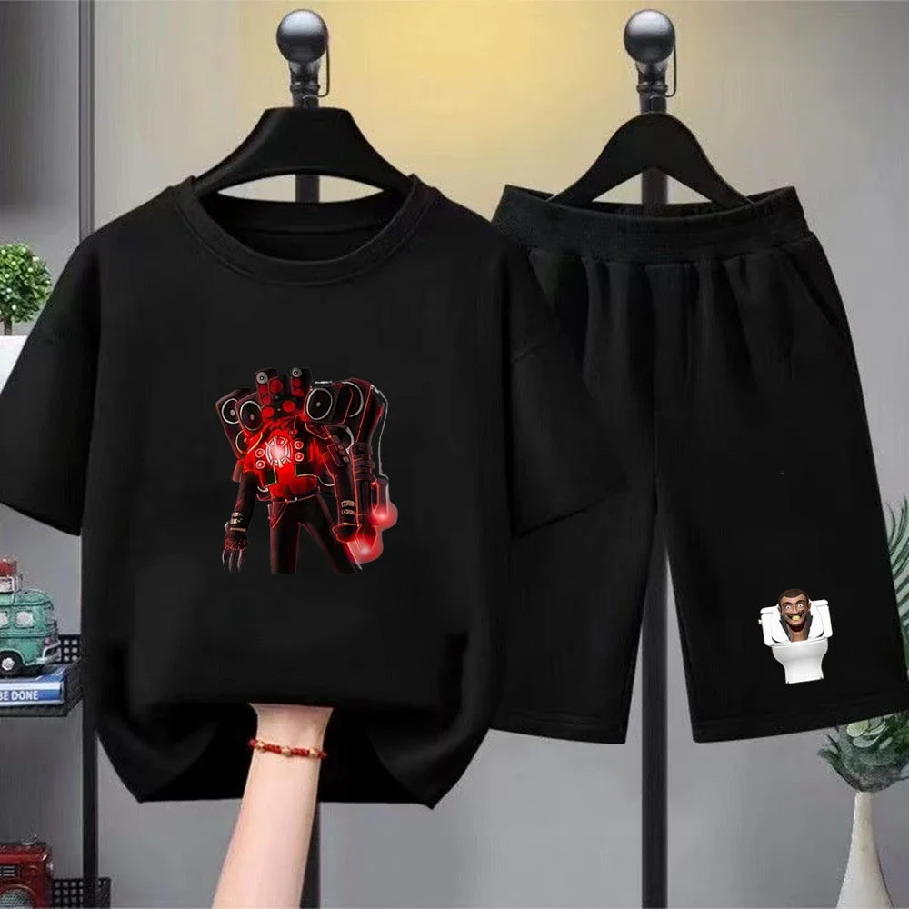 Skibidi Toilet Children T-shirt+bottom wear Age 3-12 Girls boy Set black 2pcs Kids Set Print Summer Anime Toilet Monitor Tshirt