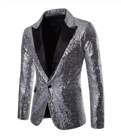 2026 Men's Suit Jacket, Shiny Sequin Stage Performance Coat, White Silver Blue Red Purple Blazers V-neck Single Button S-XXL