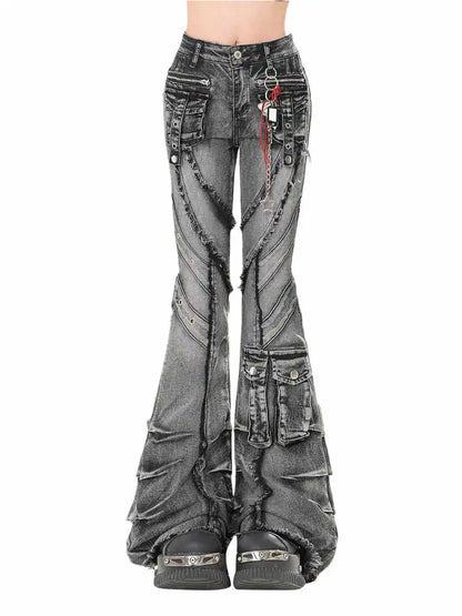 Japanese Y2K 2026 Autumn Winter Women's Denim Flared Jeans Bell Bottom Designer Kpop 2000s Pants Dark Academia Cargo Goblin Core