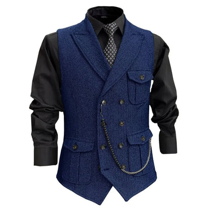 Men Vest GrayHerringbone Double Button With Pocket Waistcoat For Wedding Party Banquet Business Casual Daily Work Men Suit Vest