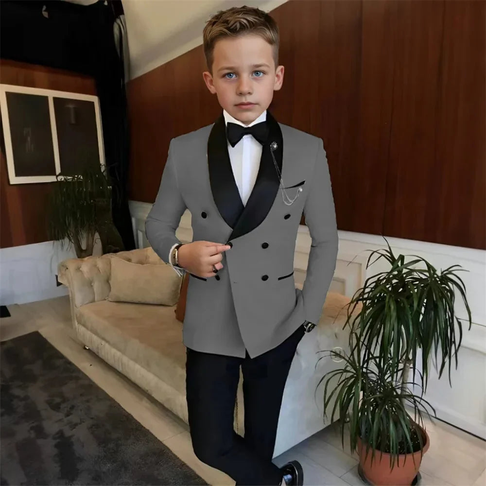 Double Breasted Kids Tuxedo 2 Pieces Holiday Outfit,High Quality Shawl Lapel Boys Suits Weddin Wear,Plus Size Suit Set