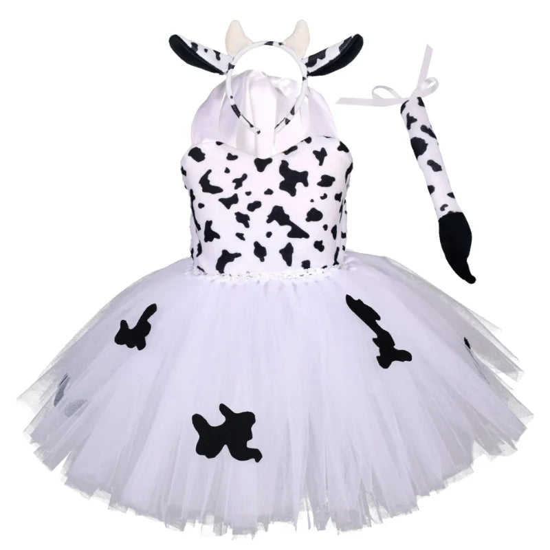 Baby Girls Halloween Animal Cosplay Costume Kids Forest Theme Giraffe Cows Tiger Leopard Zebra Print Tutu Dress Birthday Party