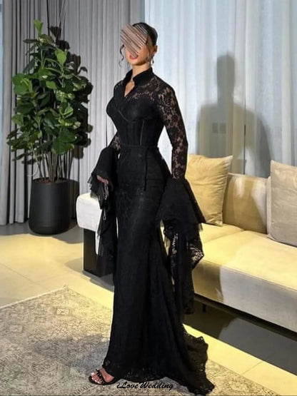 Customized Black Long Sleeve Lace Evening Dresses 2025 High Neck Elegant Women Party Dress Mermaid Floor Length Formal Gowns