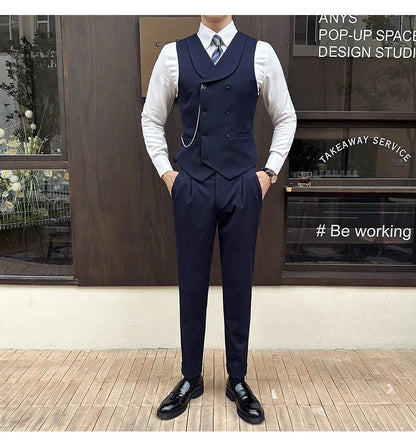 ( Vest + Pants) Men Luxury Double Breasted Design Suit Vest 2 pieces Formal Groom Wedding Dress Vest Set Fashion Club Clothing
