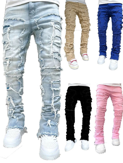 New European and American Heavyweight Streetwise Stretch Patch Jeans for Men, High Street Straight Fit Long Jeans16-3001
