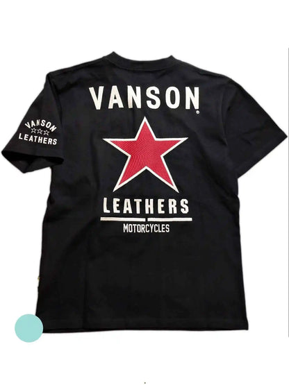 Men's Black Cotton T-shirt, Red Star and "VANSON LEATHERS" Motorcycle Pattern - Casual Round Neck, Short Sleeves