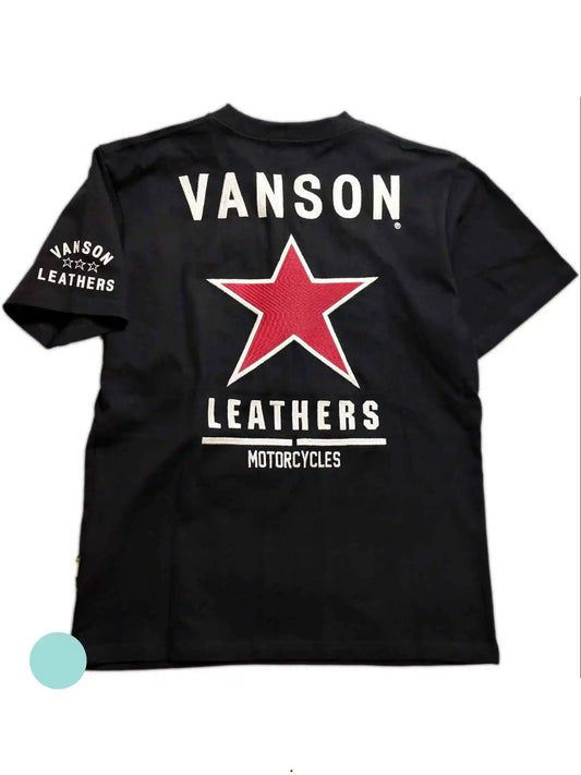 Men's Black Cotton T-shirt, Red Star and "VANSON LEATHERS" Motorcycle Pattern - Casual Round Neck, Short Sleeves